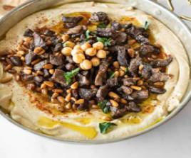 Hummus with Lamb & Pine Nuts with bread & olive oil